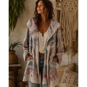 Biya Johnny Was Embroidered Hooded Cardigan XS/S Paisley Tan Boho Artsy Duster